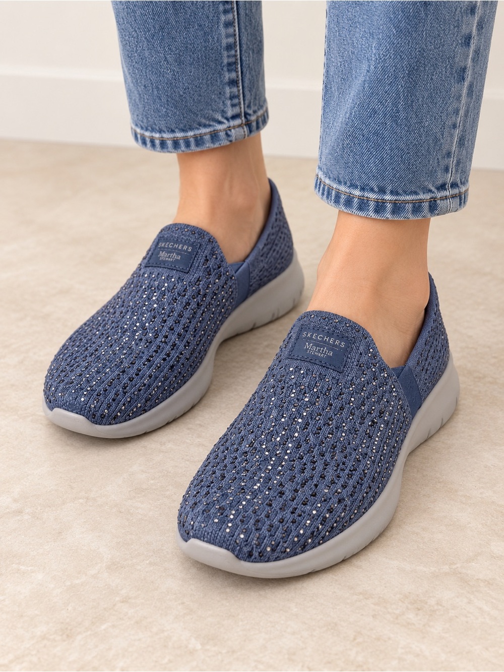 Skechers Women's Blue/Gray Sparkle Knit Slip-On Walking Sneakers